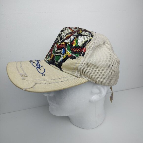 Vintage Y2K Ed Hardy tan / denim rhinestone snap back trucker hat - Picture 2 of 4